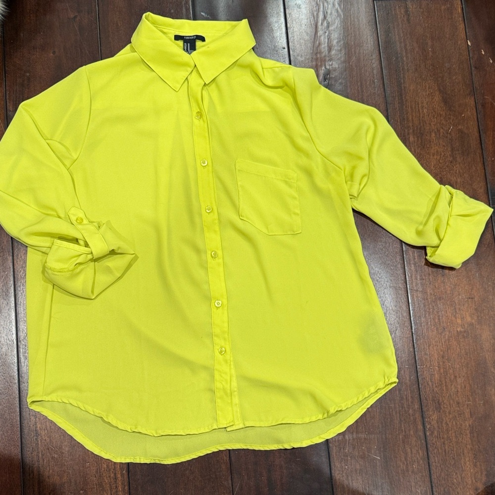 Bright Neon Yellow Button-Up light Blouse - Picture 2 of 5